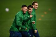 23 March 2021; Players, from left, Matt Doherty, Seamus Coleman and Ronan Curtis during a Republic of Ireland training session at Stadion Rajko Mitic in Belgrade, Serbia. Photo by Stephen McCarthy/Sportsfile