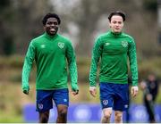 23 March 2021; Festy Ebosele and Louie Watson during a Republic of Ireland U21's training session at Colliers Park in Wrexham, Wales. Photo by David Rawcliffe/Sportsfile