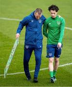 23 March 2021; Republic of Ireland U21 manager Jim Crawford, left, and Louie Watson during a Republic of Ireland U21's training session at Colliers Park in Wrexham, Wales. Photo by David Rawcliffe/Sportsfile