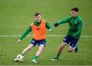 23 March 2021; Gavin Kilkenny, left, and Conor Noss during a Republic of Ireland U21's training session at Colliers Park in Wrexham, Wales. Photo by David Rawcliffe/Sportsfile