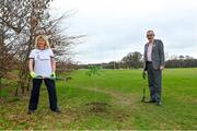 26 March 2021; To mark the launch of Phase 1 of the GAA Green Club Programme, the Easy Treesie – Crann Project (www.easytreesie.com) supported by Coillte (www.coillte.ie) and Trees on the Land (www.treesontheland.com) have agreed to provide GAA, Camogie and LGFA clubs with a generous allocation of native tree saplings, which due to current restrictions on access to Clubs will be distributed at the beginning of the next planting season in November. Coillte and Trees on the Land will donate and deliver approx. 50,000 native saplings to the project. To mark National Tree Week Uachtarán Cumann Luthchleas Gael, Larry McCarthy, planted a native oak, presented by Orla Farrell, Project lead of Easy Treesie. The planting took place on Fingal County Council land at Malahide Castle adjacent to the St Sylvester's GAA playing fields. Pictured are Orla Farrell, Project lead of Easy Treesie and Uachtarán Chumann Lúthchleas Gael Larry McCarthy planting a native oak at Malahide Castle grounds in Dublin. Photo by Brendan Moran/Sportsfile