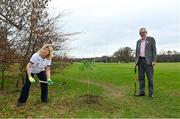 26 March 2021; To mark the launch of Phase 1 of the GAA Green Club Programme, the Easy Treesie – Crann Project (www.easytreesie.com) supported by Coillte (www.coillte.ie) and Trees on the Land (www.treesontheland.com) have agreed to provide GAA, Camogie and LGFA clubs with a generous allocation of native tree saplings, which due to current restrictions on access to Clubs will be distributed at the beginning of the next planting season in November. Coillte and Trees on the Land will donate and deliver approx. 50,000 native saplings to the project. To mark National Tree Week Uachtarán Cumann Luthchleas Gael, Larry McCarthy, planted a native oak, presented by Orla Farrell, Project lead of Easy Treesie. The planting took place on Fingal County Council land at Malahide Castle adjacent to the St Sylvester's GAA playing fields. Pictured are Orla Farrell, Project lead of Easy Treesie and Uachtarán Chumann Lúthchleas Gael Larry McCarthy planting a native oak at Malahide Castle grounds in Dublin. Photo by Brendan Moran/Sportsfile