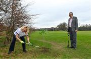 26 March 2021; To mark the launch of Phase 1 of the GAA Green Club Programme, the Easy Treesie – Crann Project (www.easytreesie.com) supported by Coillte (www.coillte.ie) and Trees on the Land (www.treesontheland.com) have agreed to provide GAA, Camogie and LGFA clubs with a generous allocation of native tree saplings, which due to current restrictions on access to Clubs will be distributed at the beginning of the next planting season in November. Coillte and Trees on the Land will donate and deliver approx. 50,000 native saplings to the project. To mark National Tree Week Uachtarán Cumann Luthchleas Gael, Larry McCarthy, planted a native oak, presented by Orla Farrell, Project lead of Easy Treesie. The planting took place on Fingal County Council land at Malahide Castle adjacent to the St Sylvester's GAA playing fields. Pictured are Orla Farrell, Project lead of Easy Treesie and Uachtarán Chumann Lúthchleas Gael Larry McCarthy planting a native oak at Malahide Castle grounds in Dublin. Photo by Brendan Moran/Sportsfile