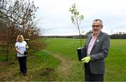 26 March 2021; To mark the launch of Phase 1 of the GAA Green Club Programme, the Easy Treesie – Crann Project (www.easytreesie.com) supported by Coillte (www.coillte.ie) and Trees on the Land (www.treesontheland.com) have agreed to provide GAA, Camogie and LGFA clubs with a generous allocation of native tree saplings, which due to current restrictions on access to Clubs will be distributed at the beginning of the next planting season in November. Coillte and Trees on the Land will donate and deliver approx. 50,000 native saplings to the project. To mark National Tree Week Uachtarán Cumann Luthchleas Gael, Larry McCarthy, planted a native oak, presented by Orla Farrell, Project lead of Easy Treesie. The planting took place on Fingal County Council land at Malahide Castle adjacent to the St Sylvester's GAA playing fields. Pictured are Orla Farrell, Project lead of Easy Treesie and Uachtarán Chumann Lúthchleas Gael Larry McCarthy after planting a native oak at Malahide Castle grounds in Dublin. Photo by Brendan Moran/Sportsfile