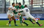 20 March 2021; Jack Conan of Ireland is tackled by Anthony Watson and Elliot Daly of England during the Guinness Six Nations Rugby Championship match between Ireland and England at Aviva Stadium in Dublin. Photo by Brendan Moran/Sportsfile