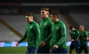 23 March 2021; Dara O'Shea with Conor Coventry, left, and Jason Knight, right, during a Republic of Ireland training session at Stadion Rajko Mitic in Belgrade, Serbia. Photo by Stephen McCarthy/Sportsfile