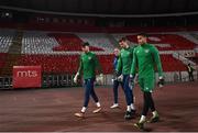 24 March 2021; Republic of Ireland goalkeepers, from left, Kieran O’Hara, Mark Travers and Gavin Bazunu, with goalkeeping coach Dean Kiely, second from left, make their way out to the warm-up ahead of the FIFA World Cup 2022 qualifying group A match between Serbia and Republic of Ireland at Stadion Rajko Mitic in Belgrade, Serbia. Photo by Stephen McCarthy/Sportsfile