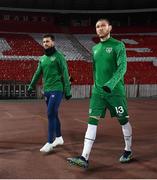24 March 2021; Shane Long, left, and Jeff Hendrick of Republic of Ireland make their way out to the warm-up ahead of the FIFA World Cup 2022 qualifying group A match between Serbia and Republic of Ireland at Stadion Rajko Mitic in Belgrade, Serbia. Photo by Stephen McCarthy/Sportsfile