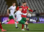 24 March 2021; Ciaran Clark of Republic of Ireland in action against Dušan Tadic of Serbia during the FIFA World Cup 2022 qualifying group A match between Serbia and Republic of Ireland at Stadion Rajko Mitic in Belgrade, Serbia. Photo by Stephen McCarthy/Sportsfile