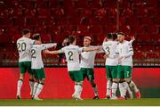 24 March 2021; Republic of Ireland players celebrate after Alan Browne scored their first goal during the FIFA World Cup 2022 qualifying group A match between Serbia and Republic of Ireland at Stadion Rajko Mitic in Belgrade, Serbia. Photo by Pedja Milosavljevic/Sportsfile