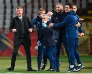 24 March 2021; Republic of Ireland manager Stephen Kenny, left, and his staff celebrate after Alan Browne scored their first goal during the FIFA World Cup 2022 qualifying group A match between Serbia and Republic of Ireland at Stadion Rajko Mitic in Belgrade, Serbia. Photo by Stephen McCarthy/Sportsfile