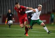 24 March 2021; Aaron Connolly of Republic of Ireland in action against Nikola Milenkovic of Serbia during the FIFA World Cup 2022 qualifying group A match between Serbia and Republic of Ireland at Stadion Rajko Mitic in Belgrade, Serbia. Photo by Stephen McCarthy/Sportsfile