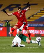24 March 2021; Aaron Connolly of Republic of Ireland in action against Saša Lukic of Serbia during the FIFA World Cup 2022 qualifying group A match between Serbia and Republic of Ireland at Stadion Rajko Mitic in Belgrade, Serbia. Photo by Pedja Milosavljevic/Sportsfile