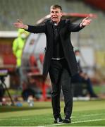 24 March 2021; Republic of Ireland manager Stephen Kenny reacts during the FIFA World Cup 2022 qualifying group A match between Serbia and Republic of Ireland at Stadion Rajko Mitic in Belgrade, Serbia. Photo by Stephen McCarthy/Sportsfile