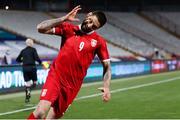 24 March 2021; Aleksandar Mitrovic of Serbia celebrates after scoring his side's third goal during the FIFA World Cup 2022 qualifying group A match between Serbia and Republic of Ireland at Stadion Rajko Mitic in Belgrade, Serbia. Photo by Pedja Milosavljevic/Sportsfile