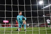 24 March 2021; Republic of Ireland goalkeeper Mark Travers reacts after conceding his side's second goal, scored by Aleksandar Mitrovic of Serbia, during the FIFA World Cup 2022 qualifying group A match between Serbia and Republic of Ireland at Stadion Rajko Mitic in Belgrade, Serbia. Photo by Stephen McCarthy/Sportsfile