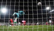 24 March 2021; Republic of Ireland goalkeeper Mark Travers fails to stop the header of Aleksandar Mitrovic of Serbia, to score their third goal, during the FIFA World Cup 2022 qualifying group A match between Serbia and Republic of Ireland at Stadion Rajko Mitic in Belgrade, Serbia. Photo by Stephen McCarthy/Sportsfile