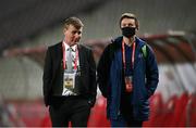 24 March 2021; Republic of Ireland manager Stephen Kenny and Kieran Crowley, FAI communications executive, before the FIFA World Cup 2022 qualifying group A match between Serbia and Republic of Ireland at Stadion Rajko Mitic in Belgrade, Serbia. Photo by Stephen McCarthy/Sportsfile