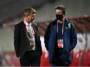 24 March 2021; Republic of Ireland manager Stephen Kenny and Kieran Crowley, FAI communications executive, before the FIFA World Cup 2022 qualifying group A match between Serbia and Republic of Ireland at Stadion Rajko Mitic in Belgrade, Serbia. Photo by Stephen McCarthy/Sportsfile