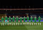 24 March 2021; Republic of Ireland players, from left, Seamus Coleman, goalkeeper Mark Travers, Matt Doherty, Dara O'Shea, Enda Stevens, Josh Cullen, Jayson Molumby, Ciaran Clark, Alan Browne, Aaron Connolly and Callum Robinson stand for the playing of the National Anthem before the FIFA World Cup 2022 qualifying group A match between Serbia and Republic of Ireland at Stadion Rajko Mitic in Belgrade, Serbia. Photo by Stephen McCarthy/Sportsfile