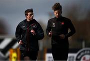 25 March 2021; Daniel Kelly, left, and Ole Erik Midtskogen during a Dundalk training session at Oriel Park in Dundalk, Louth.  Photo by Ben McShane/Sportsfile