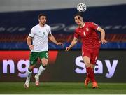 24 March 2021; Nikola Milenkovic of Serbia and Enda Stevens of Republic of Ireland during the FIFA World Cup 2022 qualifying group A match between Serbia and Republic of Ireland at Stadion Rajko Mitic in Belgrade, Serbia. Photo by Stephen McCarthy/Sportsfile
