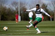 26 March 2021; Jonathan Afolabi of Republic of Ireland in the warm up prior to the U21 International friendly match between Wales and Republic of Ireland at Colliers Park in Wrexham, Wales. Photo by David Rawcliffe/Sportsfile