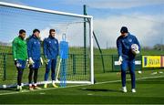 26 March 2021; Goalkeeping coach Dean Kiely with goalkeepers, from left, Gavin Bazunu, Kieran O’Hara and Mark Travers during a Republic of Ireland training session at the FAI National Training Centre in Abbotstown, Dublin. Photo by Seb Daly/Sportsfile