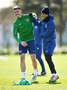 26 March 2021; Ciaran Clark, left, and Callum Robinson during a Republic of Ireland training session at the FAI National Training Centre in Abbotstown, Dublin. Photo by Seb Daly/Sportsfile