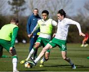 26 March 2021; Republic of Ireland's Louie Watson, right, and Andrew Omobamidele warm up before the U21 international friendly match between Wales and Republic of Ireland at Colliers Park in Wrexham, Wales. Photo by David Rawcliffe/Sportsfile