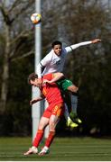 26 March 2021; Andrew Omobamidele of Republic of Ireland in action against Luke Jephcott of Wales during the U21 international friendly match between Wales and Republic of Ireland at Colliers Park in Wrexham, Wales. Photo by David Rawcliffe/Sportsfile
