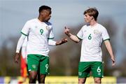 26 March 2021; Jonathan Afolabi, left, and Luca Connell of Republic of Ireland during the U21 international friendly match between Wales and Republic of Ireland at Colliers Park in Wrexham, Wales. Photo by David Rawcliffe/Sportsfile