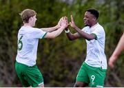 26 March 2021; Jonathan Afolabi of Republic of Ireland celebrates with team-mate Luca Connell after scoring his side's first goal during the U21 International friendly match between Wales and Republic of Ireland at Colliers Park in Wrexham, Wales. Photo by David Rawcliffe/Sportsfile