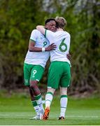 26 March 2021; Jonathan Afolabi of Republic of Ireland, left, celebrates with team-mate Luca Connell after scoring his side's first goal during the U21 International friendly match between Wales and Republic of Ireland at Colliers Park in Wrexham, Wales. Photo by David Rawcliffe/Sportsfile