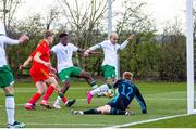 26 March 2021; Jonathan Afolabi of Republic of Ireland scores his side's first goal during the U21 International friendly match between Wales and Republic of Ireland at Colliers Park in Wrexham, Wales. Photo by David Rawcliffe/Sportsfile
