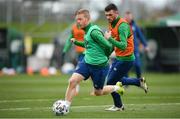 26 March 2021; Daryl Horgan, left, and Troy Parrott during a Republic of Ireland training session at the FAI National Training Centre in Abbotstown, Dublin. Photo by Seb Daly/Sportsfile