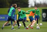 26 March 2021; Conor Coventry, right, with team-mates James Collins, centre, and Jeff Hendrick, left, during a Republic of Ireland training session at the FAI National Training Centre in Abbotstown, Dublin. Photo by Seb Daly/Sportsfile