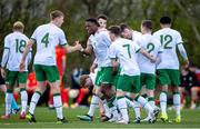 26 March 2021; Jonathan Afolabi of Republic of Ireland celebrates with team-mates after scoring his side's second goal during the U21 International friendly match between Wales and Republic of Ireland at Colliers Park in Wrexham, Wales. Photo by David Rawcliffe/Sportsfile
