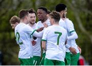 26 March 2021; Jonathan Afolabi, centre, of Republic of Ireland celebrates with team-mates after scoring his side's second goal during the U21 International friendly match between Wales and Republic of Ireland at Colliers Park in Wrexham, Wales. Photo by David Rawcliffe/Sportsfile