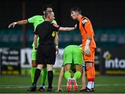 26 March 2021; Mark Anthony McGinley of Finn Harps protests to referee Derek Michael Tomney during the SSE Airtricity League Premier Division match between Dundalk and Finn Harps at Oriel Park in Dundalk, Louth. Photo by Eóin Noonan/Sportsfile