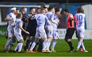 26 March 2021; Referee Eoghan O'Shea stops players from approaching Glen McAuley of Shelbourne during the SSE Airtricity League First Division match between Galway United and Shelbourne at Eamonn Deacy Park in Galway. Photo by David Fitzgerald/Sportsfile