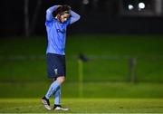 26 March 2021; Evan Farrell of UCD after his side conceded a second goal during the SSE Airtricity League First Division match between UCD and Athlone Town at the UCD Bowl in Belfield, Dublin. Photo by Seb Daly/Sportsfile