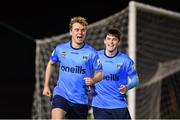 26 March 2021; Mark Dignam of UCD, left, celebrates with team-mate Colm Whelan after scoring his side's first goal during the SSE Airtricity League First Division match between UCD and Athlone Town at the UCD Bowl in Belfield, Dublin. Photo by Seb Daly/Sportsfile