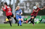 27 March 2021; Aoife Cronin of Treaty United shoots under pressure from Isobel Finnegan, left, and Chloe Flynn of Bohemians during the SSE Airtricity Women's National League match between Bohemians and Treaty United at Oscar Traynor Centre in Coolock, Dublin. Photo by Piaras Ó Mídheach/Sportsfile