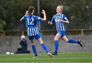27 March 2021; Aoife Cronin of Treaty United, right, celebrates scoring her side's first goal with teammate Olivia Gibson during the SSE Airtricity Women's National League match between Bohemians and Treaty United at Oscar Traynor Centre in Coolock, Dublin. Photo by Piaras Ó Mídheach/Sportsfile
