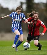 27 March 2021; Aine Walsh of Treaty United in action against Jade Reddy of Bohemians during the SSE Airtricity Women's National League match between Bohemians and Treaty United at Oscar Traynor Centre in Coolock, Dublin. Photo by Piaras Ó Mídheach/Sportsfile