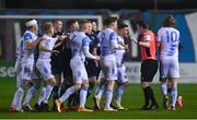 26 March 2021; Galway players approach referee Eoghan O'Shea during the SSE Airtricity League First Division match between Galway United and Shelbourne at Eamonn Deacy Park in Galway. Photo by David Fitzgerald/Sportsfile