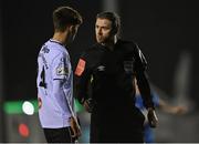 26 March 2021; Referee Paul McLaughlin in conversation with Johnny Kenny of Sligo Rovers during the SSE Airtricity League Premier Division match between Waterford and Sligo Rovers at the RSC in Waterford. Photo by Piaras Ó Mídheach/Sportsfile