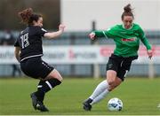 27 March 2021; Karen Duggan of Peamount United in action against Lynn Marie Grant of Wexford Youths during the SSE Airtricity Women's National League match between Wexford Youths and Peamount United at Ferrycarrig Park in Wexford. Photo by Michael P Ryan/Sportsfile