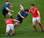 27 March 2021; Robbie Henshaw with the support of his Leinster team-mate Rory O'Loughlin, left, is tackled by Keith Earls, left, and Niall Scannell of Munster during the Guinness PRO14 Final match between Leinster and Munster at the RDS Arena in Dublin. Photo by Ramsey Cardy/Sportsfile